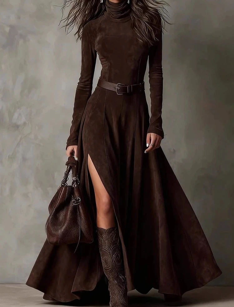 فستان ماكسي بياقة واقفة وسحاب مرقع لربيع الخريف للنساء فستان حفلات أنيق بأكمام طويلة، فستان أنيق وبسيط للسيدات