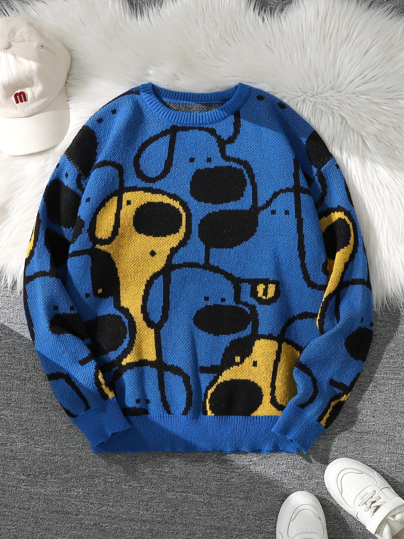 Autumn and Winter Cute Dog Jacquard Double-Sided Pattern Pullover Sweater Casual Crew Neck Knit Men's Pullover Casual Crew Neck