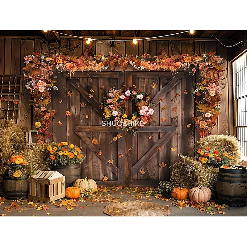 

Autumnal Pumpkins Farm Photography Backdrops Props Halloween Fall Field Maple Leaf Scarecrow Fence Background FM-02
