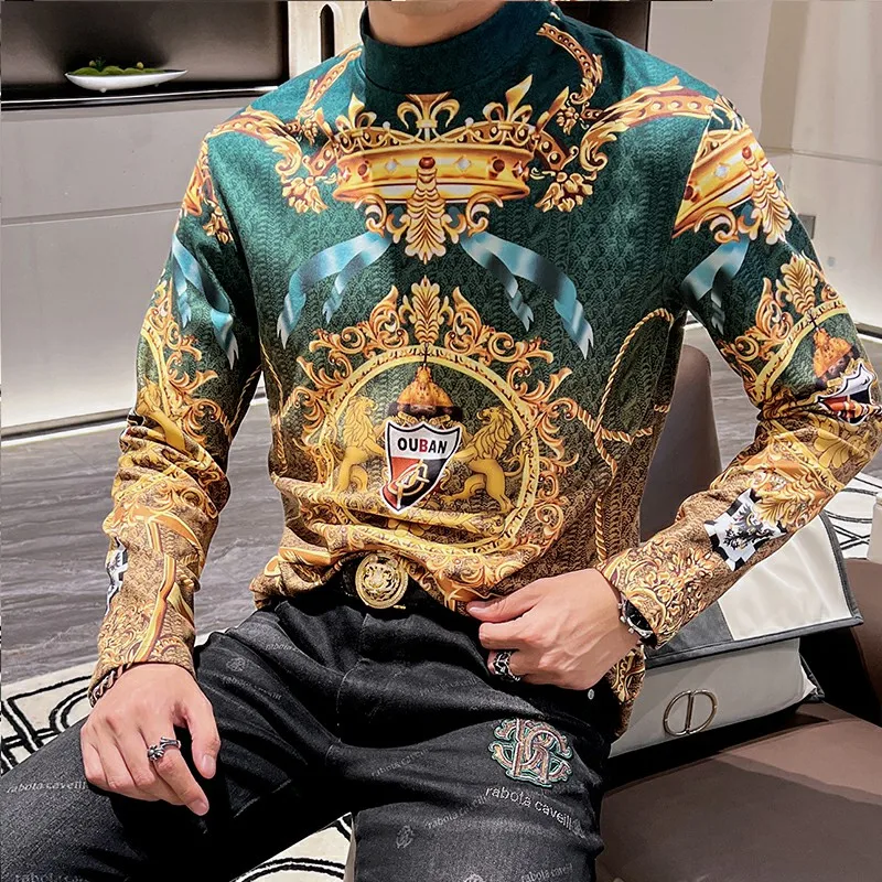 Luxury Crown Printed Men\'s T-shirt Autumn Winter Fleece Half Turtleneck T-shirt Thickened Warm Casual Business Pullover M-4XL