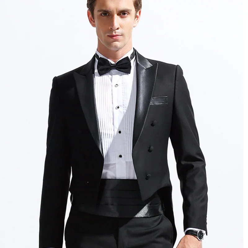 Black Formal Men Tail Suits with Double Breasted Groom Tuxedos for Wedding 3 Piece Male Fashion Set (Jacket+ Pants + Waistband)