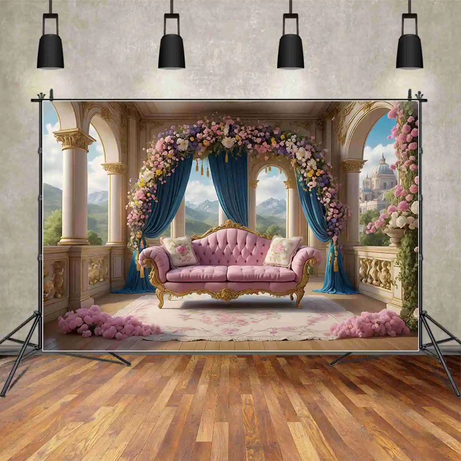 MOON.QG Palace Princess Birthday Backdrops Women Curtain Castle Viewing Platform Backgrounds Custom Party Photozone Accessories