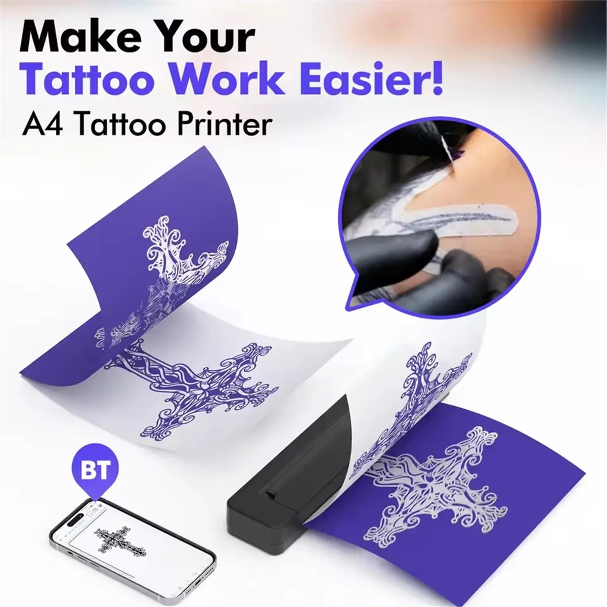 RECOMENDAR】Mini Portable A4 Thermal Printer Multifunctional Tattoo Document Printer Bluetooth HD Printing A4 Paper Printer