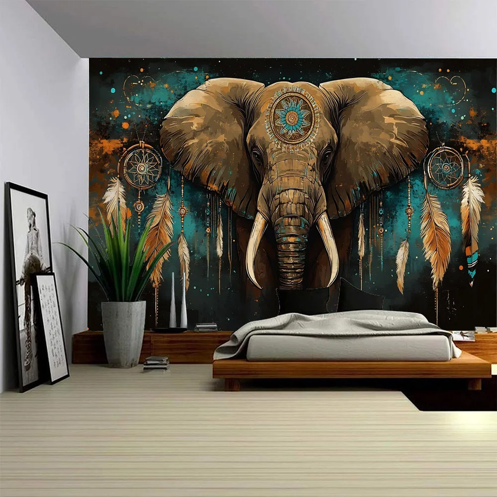 3D mural, elephant print, tapestry, mandala geometry, fractal art, wall hanging, bohemian hippie background, home decoration