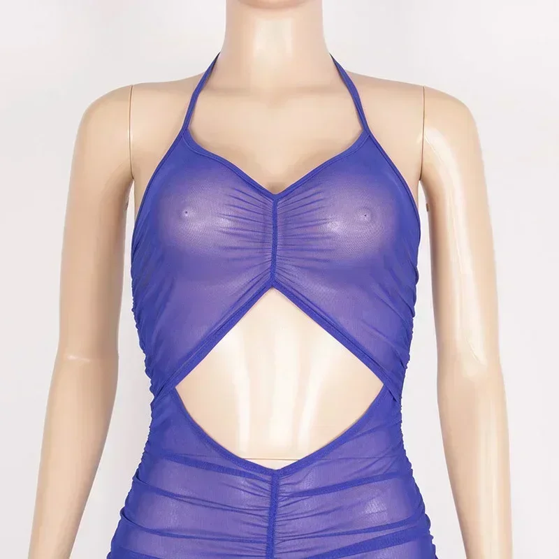 GUWU Uitgesneden Spaghetti Band Effen Kleur Zien Door Mesh Feestjurken Hol Sexy Club Vrouwen Lange Jurk