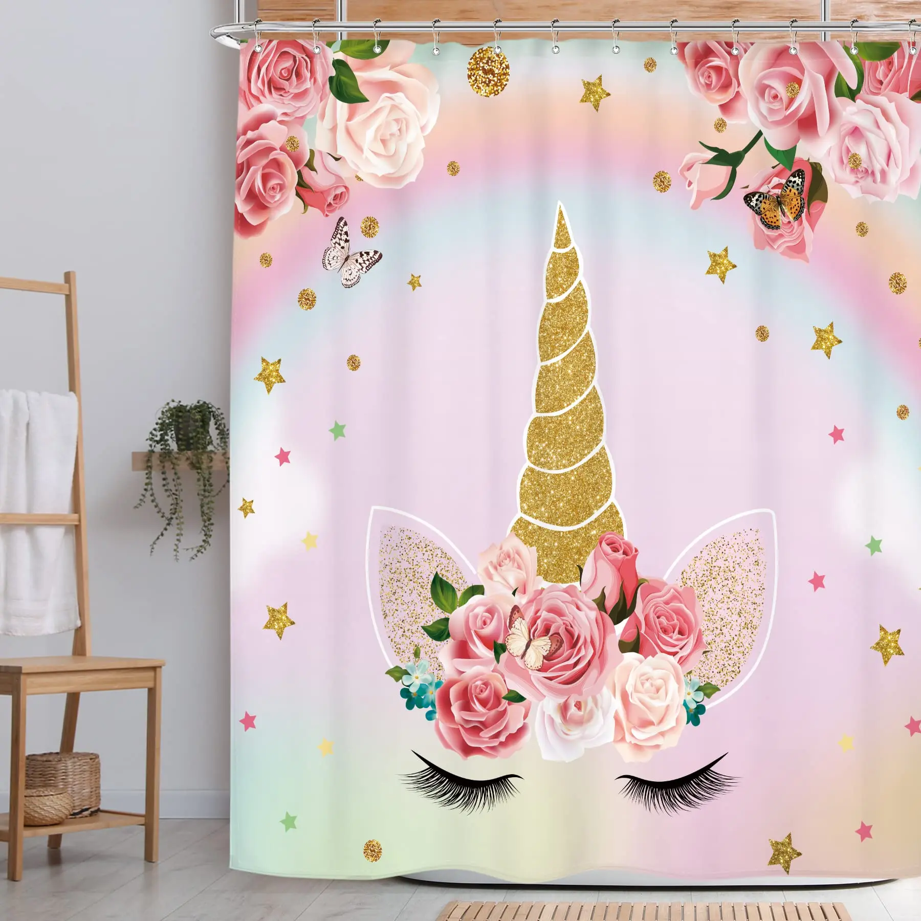 Unicorn Shower Curtain Kids Girls Funny Fairy Cartoon Fantasy Colorful Baby Animal Rainbow Bathroom Home Decor Fabric Waterproof