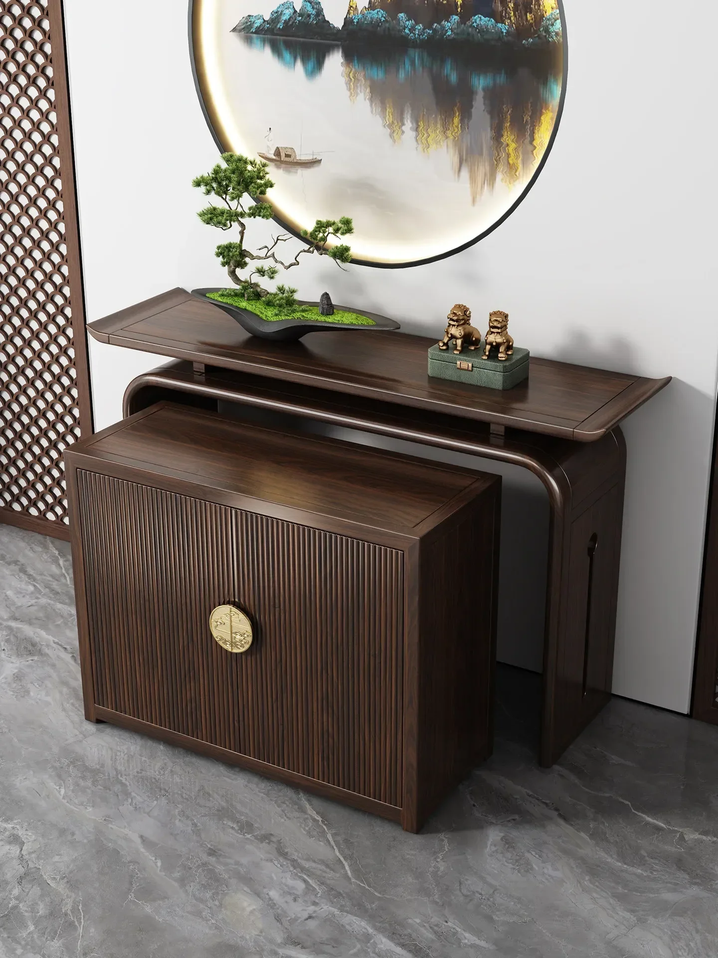 H1  new Chinese-style entrance table, ebony wood strip case, solid wood entrance cabinet facing the door