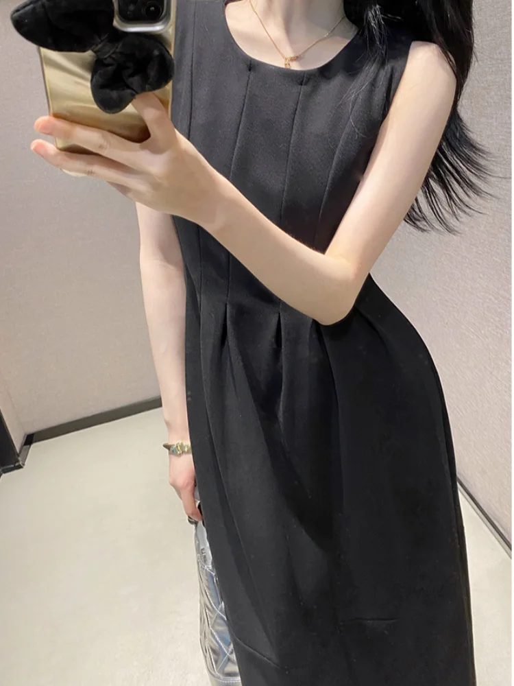 Smthma francês elegante preto frente split vestido de verão feminino o-pescoço sem mangas cintura fina casual vestidos longos robe