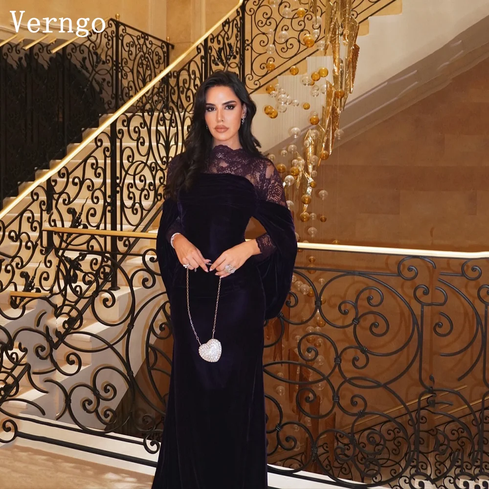 purple black and gold dress Verngo Dark Velvet Evening O Neck Lace Cape Formal Occasion Dress Elegant Saui Arabia Prom Gowns Customized Your little girl will