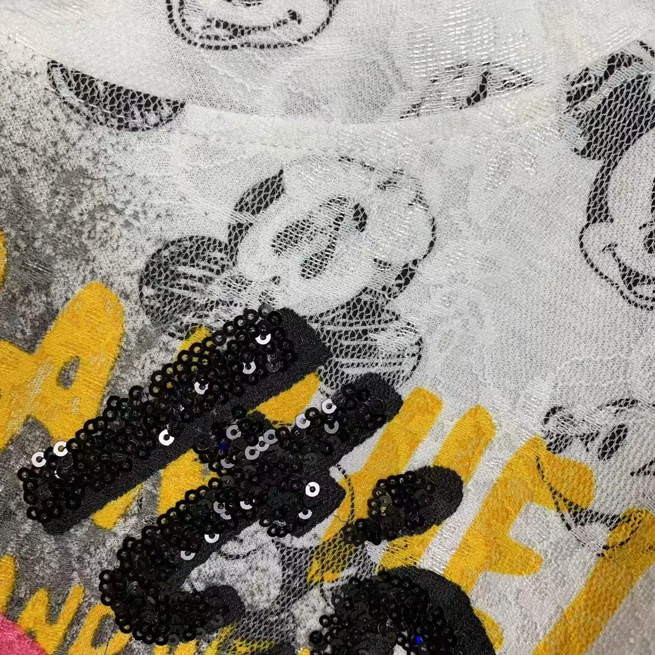 Trendy Tee 2025 Summer New Heavy Industry Lace Full Print Cartoon Large Version Short-sleeved T-shirt Top Women Clothing