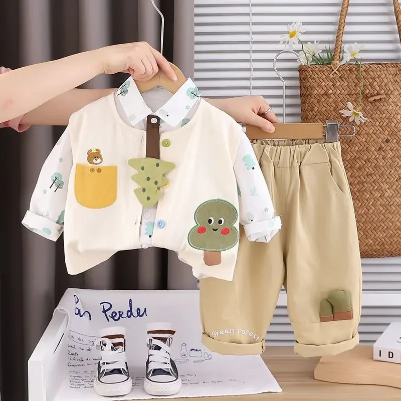 

Boys' Autumn Set New Fashionable Infant and Children's Autumn Handsome Sweater Cardigan Pant Three Piece Set Kids Outfits