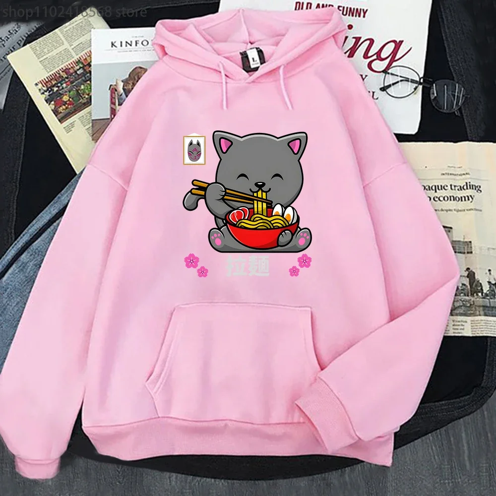 Cat Eating Spaghetti Hoodie MEN Harajuku Sweatwear Women Cartoon Sweatshirt O-Neck Personality Pullover Y2k Sudadera Para Mujer