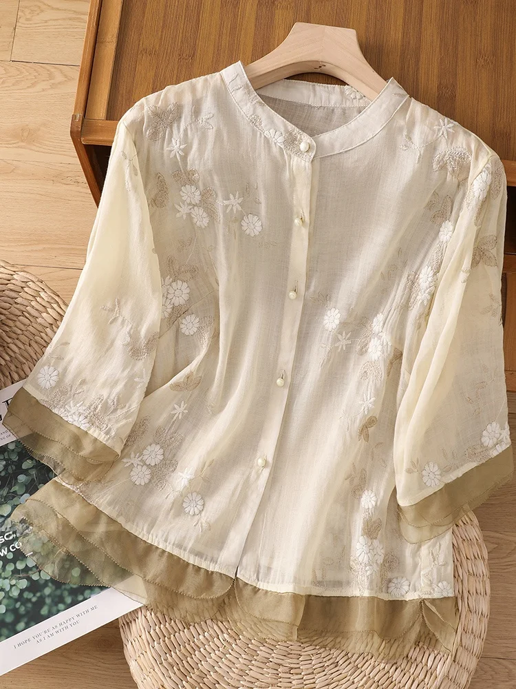 Haut d'été pour femmes, broderie florale artistique rétro, coupe ample, irt avec épissure de dentelle, col montant, Seven Sve