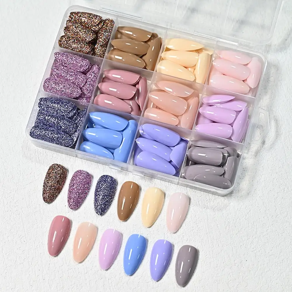288Pcs Glossy Macaron Colors Medium Almond Fake Nails Gold Purple Glitter Press On Nail Women Daily Full Cover False Fingertips