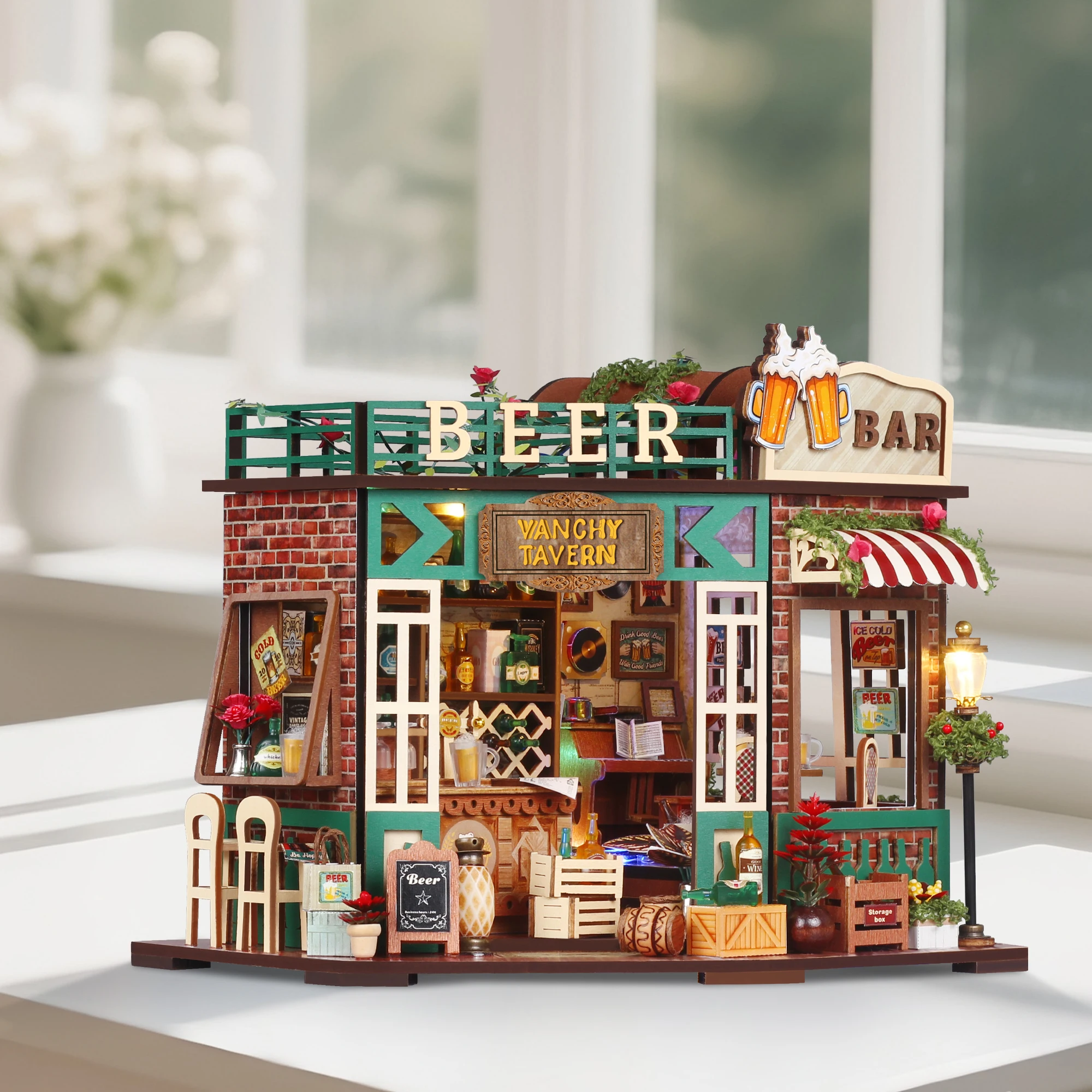 DIY Holz Vanchy Tavern Casa Puppenhäuser Miniaturmodellbausätze Bar Puppenhaus mit Möbeln 3D-Puzzle für Freunde Geburtstagsgeschenke