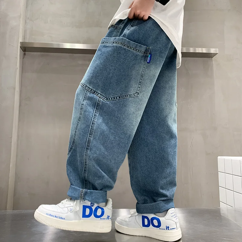 Brief Style Kids Boys Patchwork Baggy Jeans With Side Pocket Age 5-14 Year Old Child Fashion Relaxed Fit Denim Cargo Pants