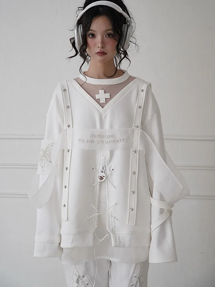 Harajuku White Embroidered Top, Fashionable Kawaii Hot Girl Loose Long Sleeve Splicing Sweet Top, Spring, Summer, New, Original