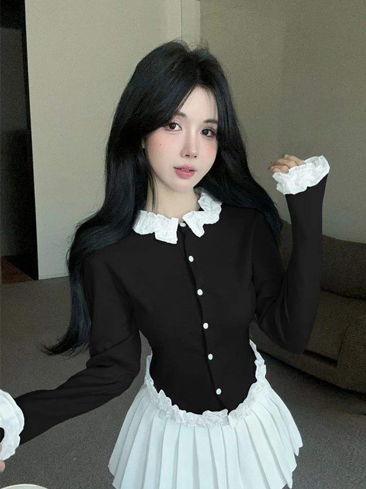 Casual Style Long Sleeve Open Cardigan Jacket Slimming Effect Wooden  Contrast Color Splicing Single Button Commuter Top