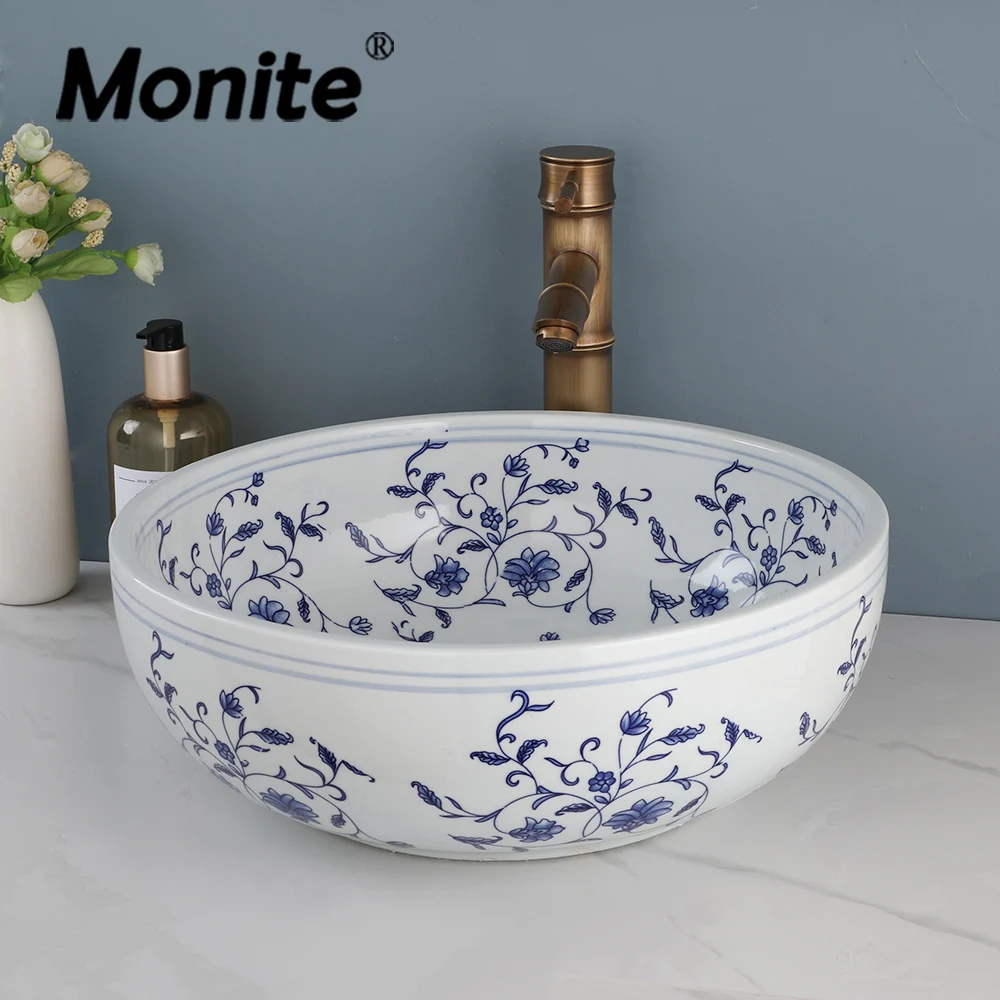 Monite Bathroom Basin Set Cyan Ceramic Basin Set Antique Bamboo Joint Style Faucet With Pop Drain Stream Hot & Cold Mixer Taps