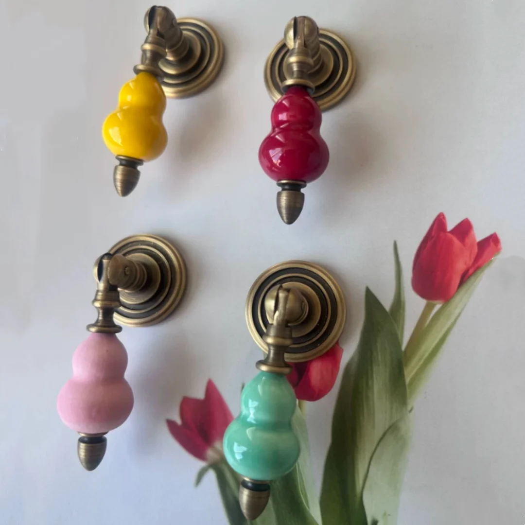 Creative Luxury Pure Copper Colored Gourd Ceramics Drawer Dresser Cupboard Wardrobe Shoe Cabinet Pendant Knob Bronze Blue Red