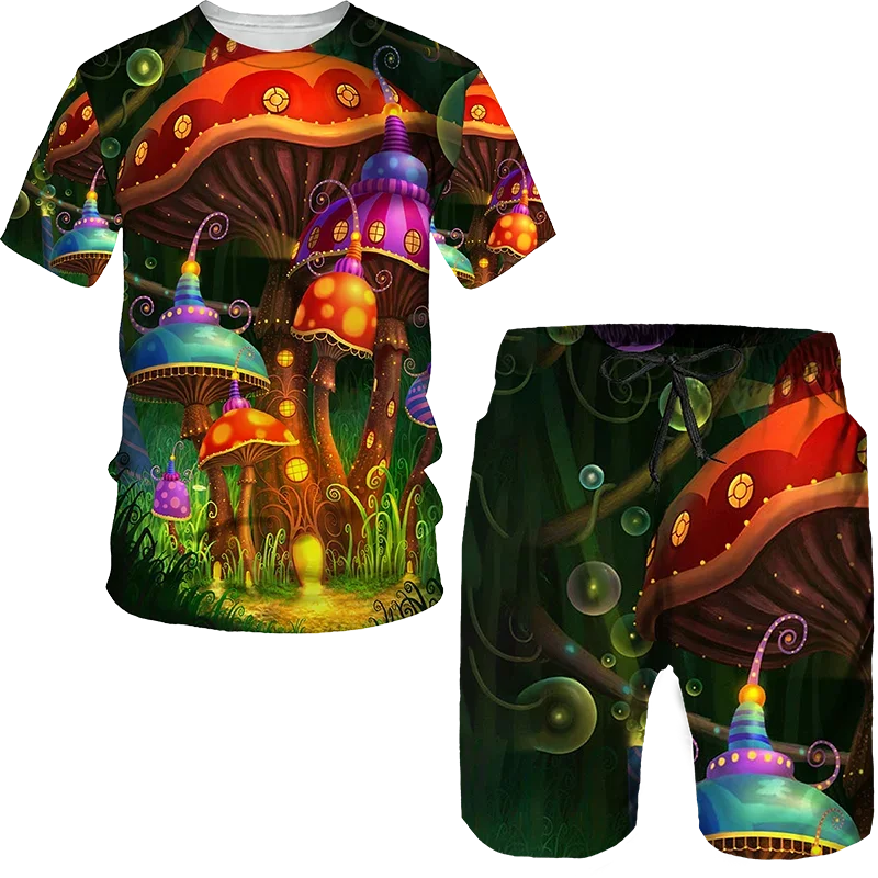 Dream Mushroom 3D Print Tees para hombre, chándal de cuello redondo, camiseta informal, pantalones cortos, conjunto de dos piezas, traje de vacaciones de playa de verano