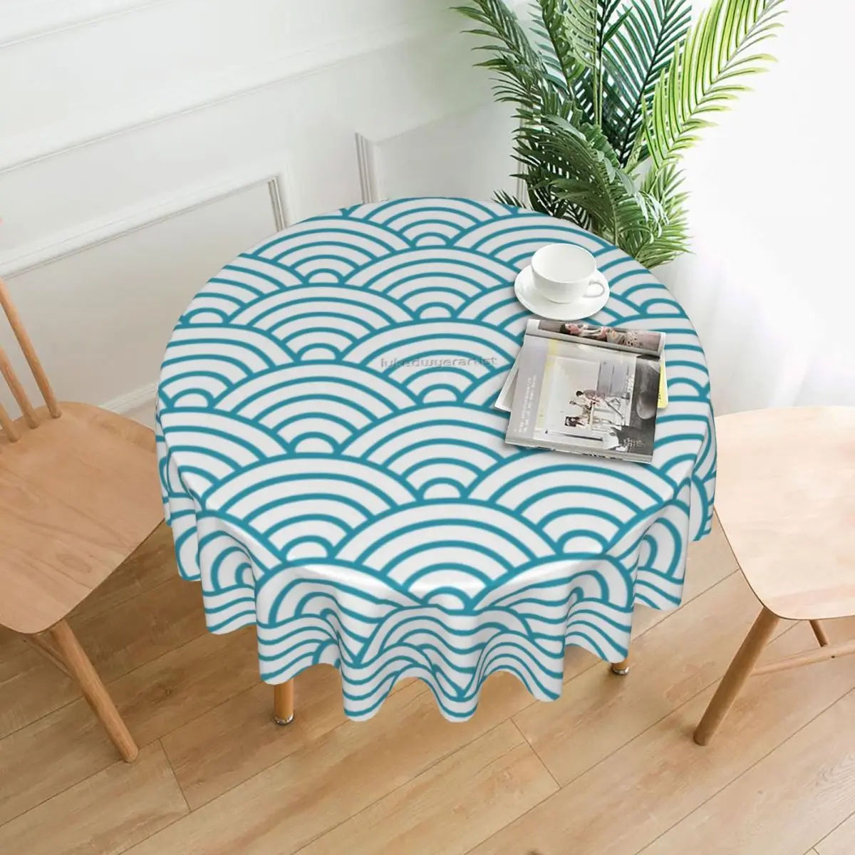 Japanese Seigaiha Waves Design Round Tablecloth Light blue Aqua Turquoise Table Cover For Living Room Dining Outdoor Table Cover