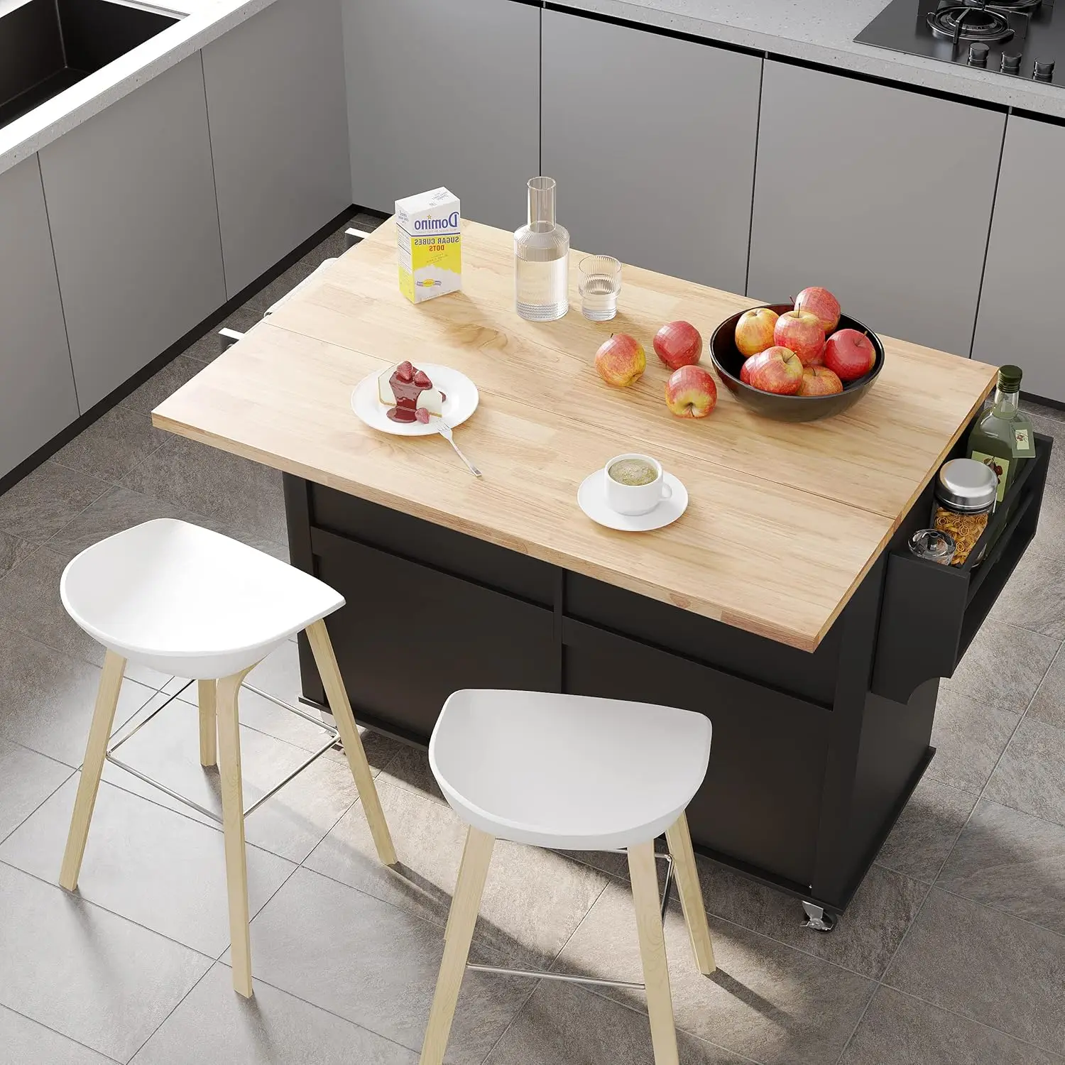 

Kitchen Cart with Wood Top and Drop Leaf Breakfast Bar, Rolling Mobile Kitchen Island Table on Wheels with Drawer, Black