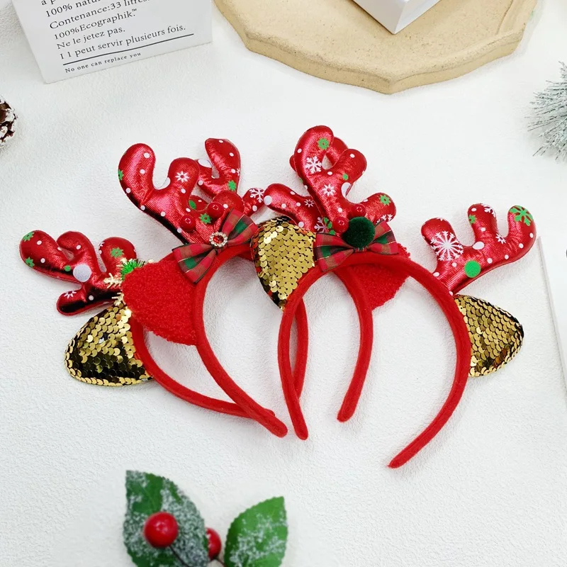 Cartoon Snowflake Print Elk Antlers Sequined Ears Headband Christmas Party Decoration Supplies Performance Props