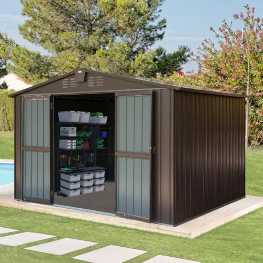 

Domi уличный сарай для хранения вещей 10x8 дюймов, металлический сарай для инструментов с запираемой двойной дверью, большой водонепроницаемый велосипедный сарай для сада, заднего двора, лужайки