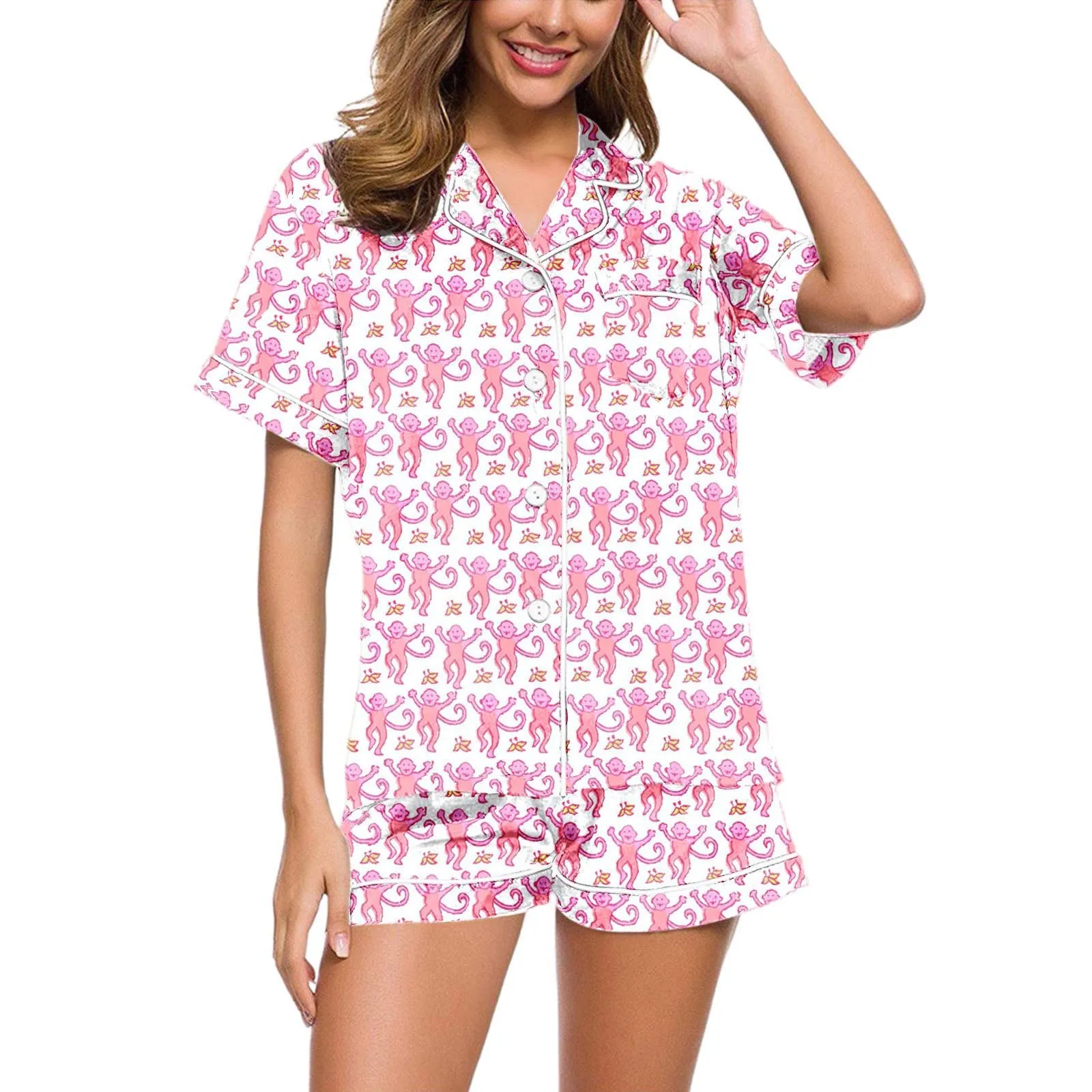 Cute Pajamas For Women 2 Piece Set Roller Rabbit Graphic Print Shirt And Shorts Pajama Set Short Sleeve Monkey Nightwear Women