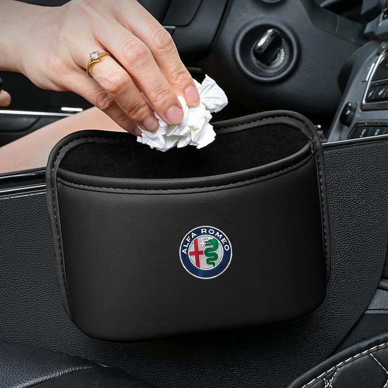 For Alfa Romeo Logo Brera Giulia Mito Stelvio GT 155 166 159 PU Leather Multi-functional Car Trash Can Box Organizer wheelcap