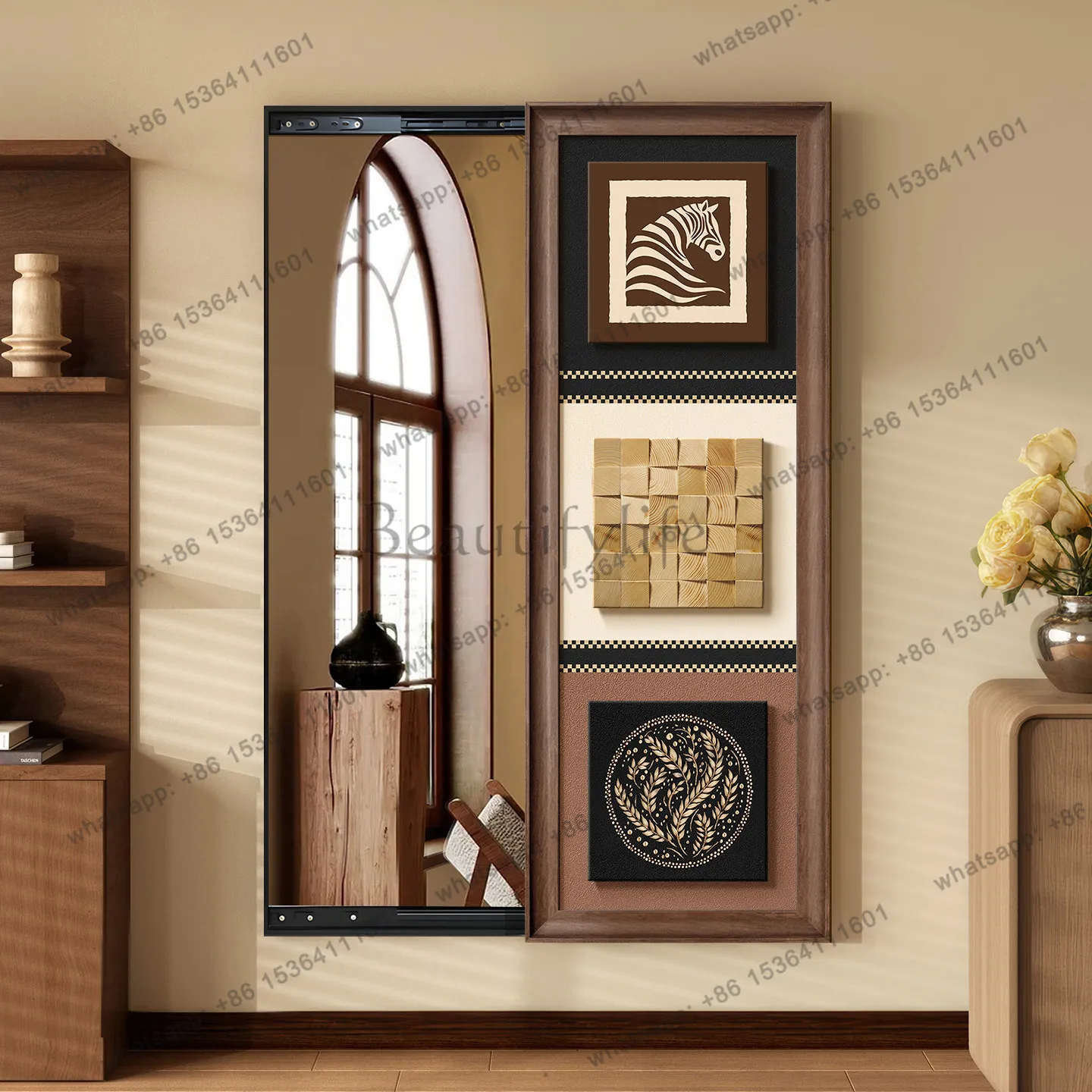 Three-dimensional wooden block antique push-pull hidden invisible full-length mirror entrance decoration hanging painting