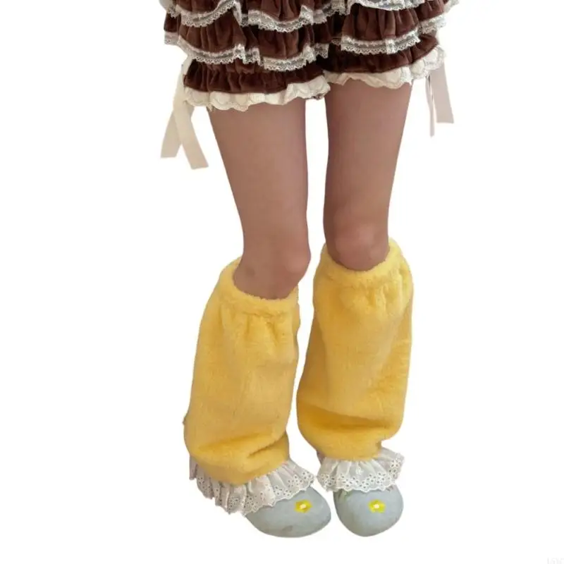 L5YC フリルレースフリースレッグウォーマーリボンアクセント冬のファッションレッグウェアアクセサリー