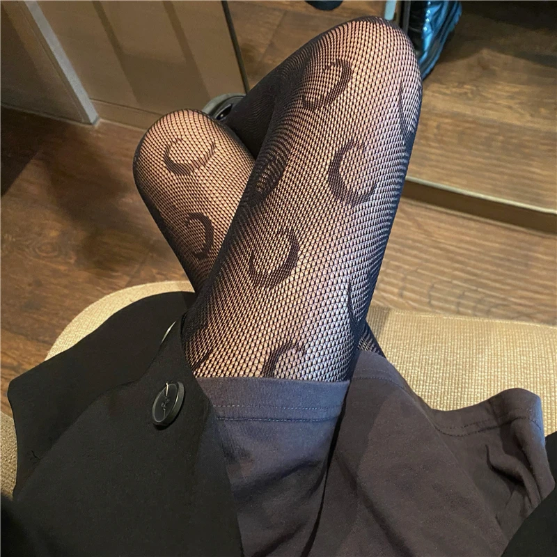 Gothic Black Fishnet Socks Tights Pantyhose Japanese Retro Heart Moon Spider Web Fishnet Lace Bottoming G Stockings for Women