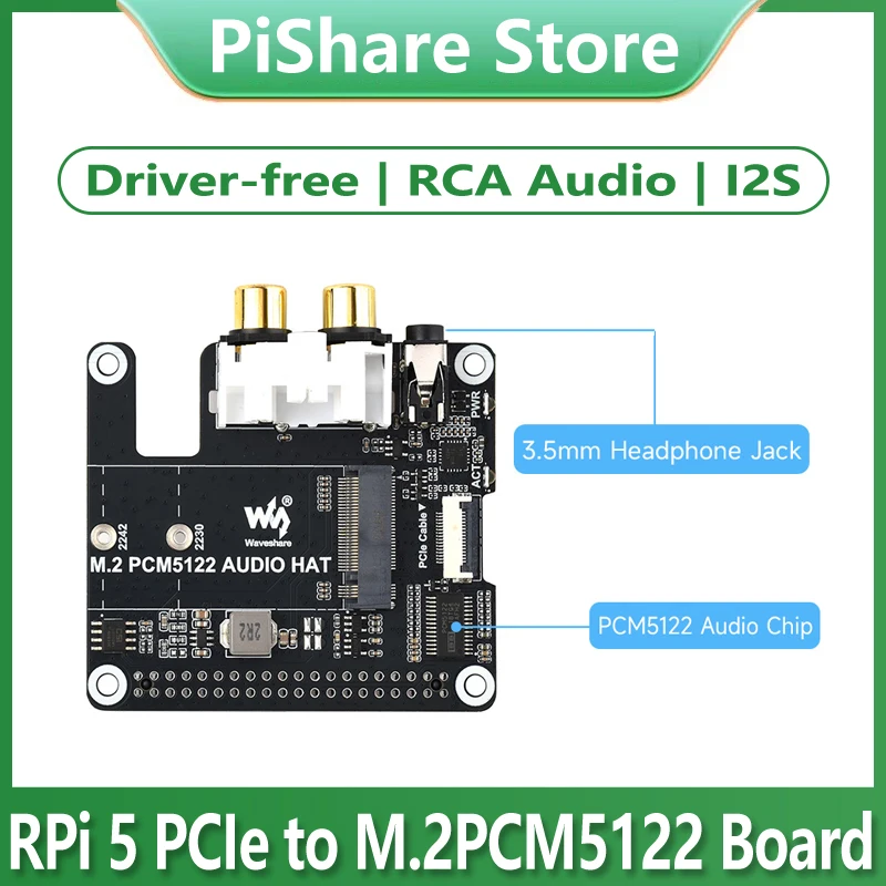 

Плата расширения Raspberry Pi 5 PCIe для M.2 NVME и PCM5122 I2S DAC HIFI, без драйверов, со встроенным разъемом для наушников 3,5 мм и RCA-разъемом