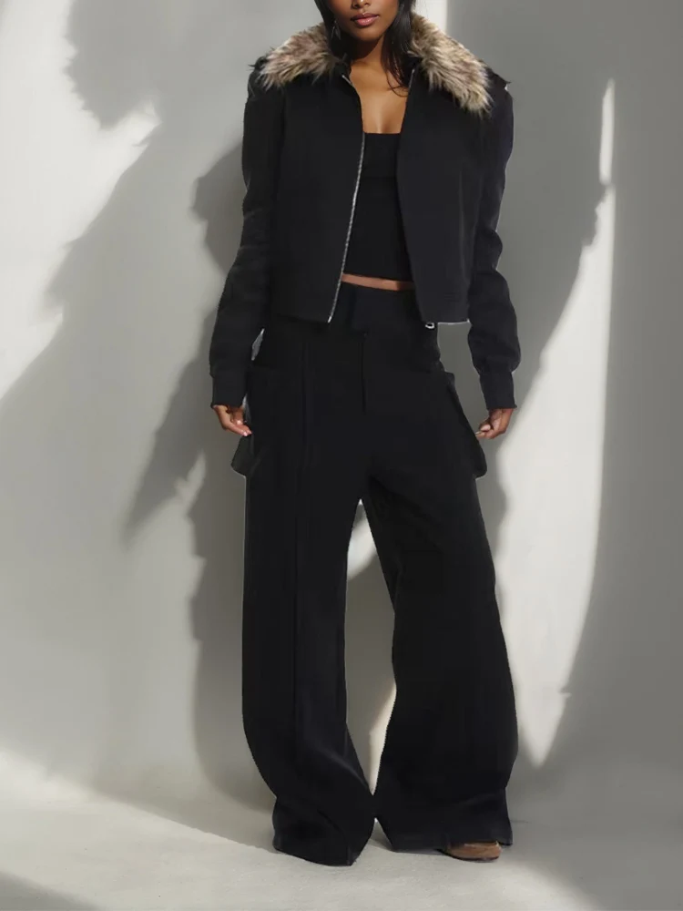 

European style new women's fashion versatile temperament solid color fur collar jacket long sleeve cotton coat