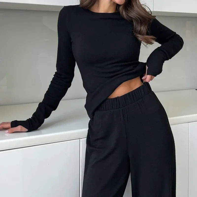 Black Two Piece Sets Pajamas for Women O-neck Long Sleeve T-shirt High Wasit Comfortable Soft Sleepwear Outfits Casual Suits