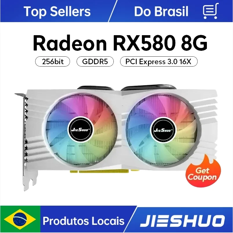 JIESHUO AMD rx 580 8g 2048sp 256bit GDDR5 GPU, rx580 de 8gb brasil pc video card Suitable for tabletop games, video, office