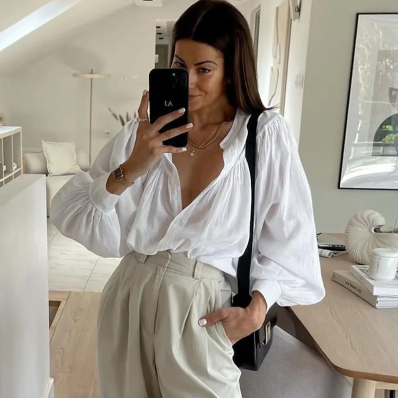 Talenza Women's White Shirt Autumn See-Through Single Breasted Patchwork Cardigan Shirt Casual Loose Office Basic Female Blouses