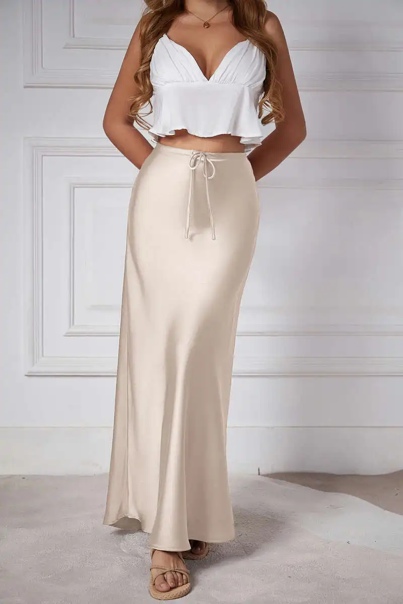 New In 2026 Women's Spring Summer Solid Color Satin Long Skirt High Waist Lace-up Trendy Elegant Faldas Female Beach Maxi Skirts