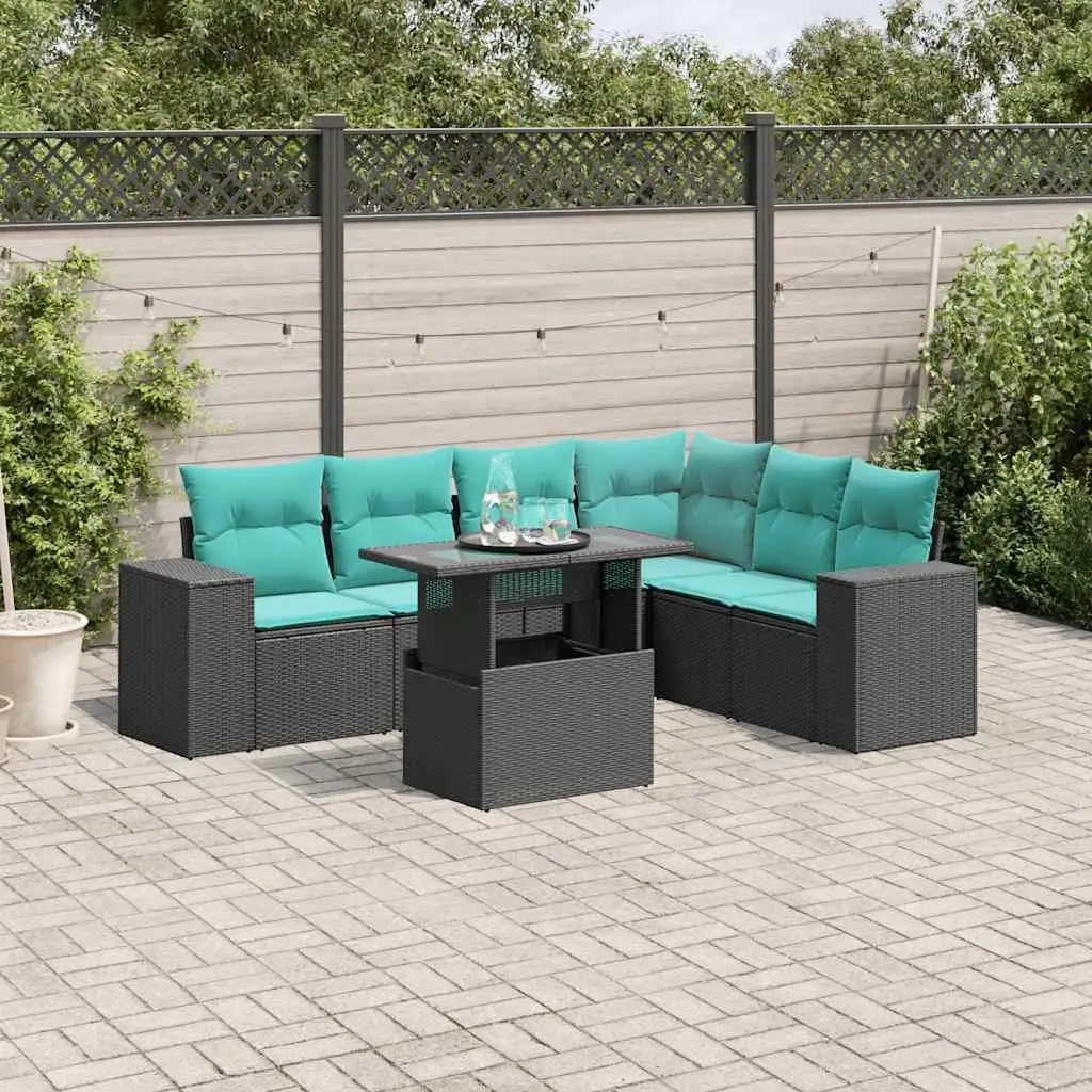 

7 Piece Outdoor Patio Sofa Set Black Rattan Wicker Cushions Modern Garden Furniture