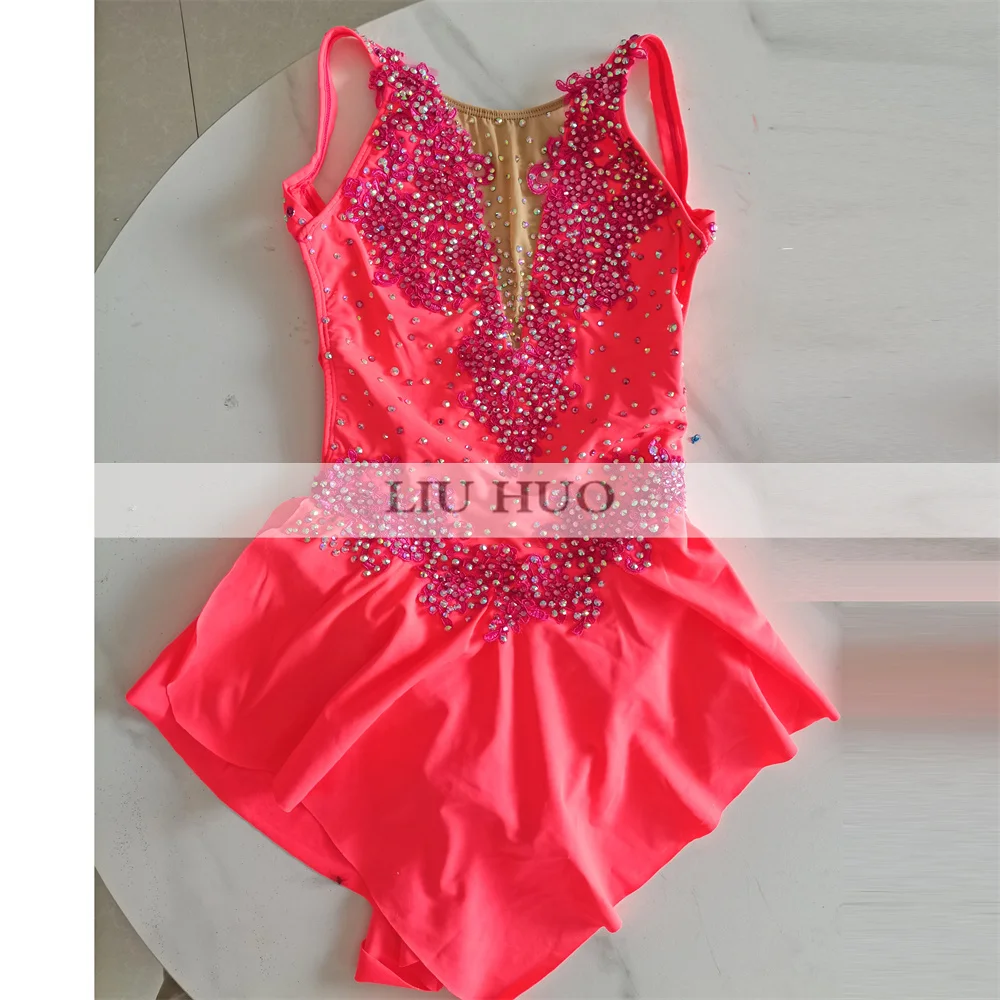 LIUHUO Ice Dance Figure Skating Dress Women Girl Teen Customize Costume Performance Competition Leotard Red Sleeveless Roller