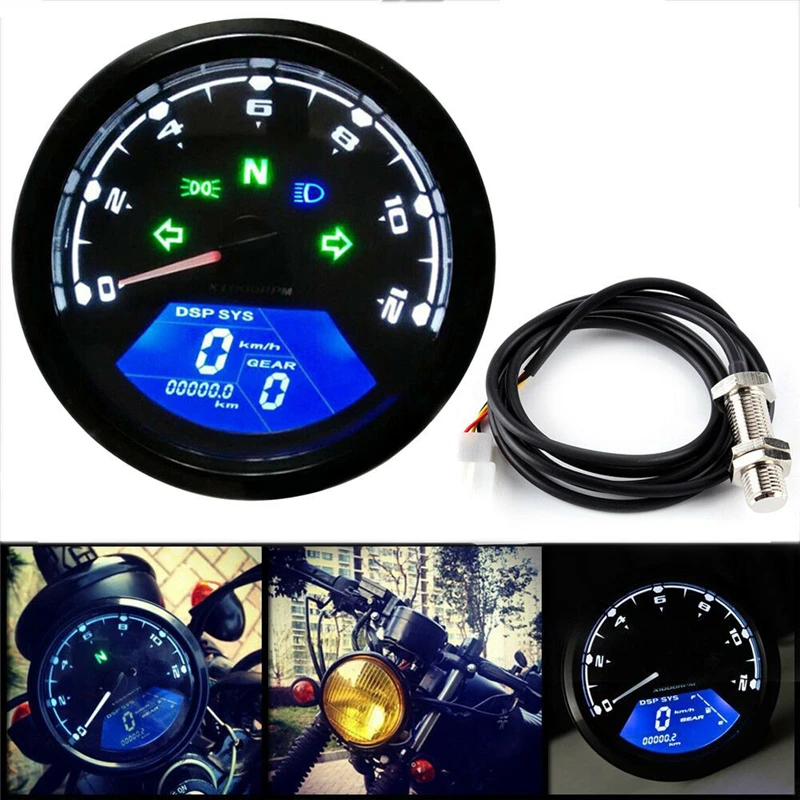 Universal Motorcycle Meter Speedometer Digital Odometer with Gear Indicator 12000kmh/mph Hour Meter Tachometer for Honda Yamaha