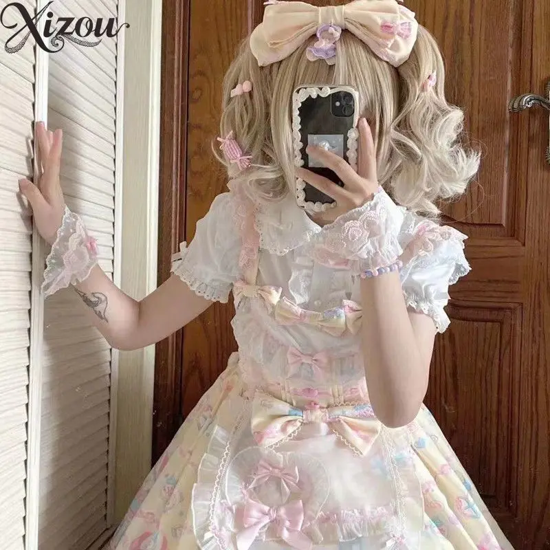 

Женские топы в стиле Лолиты, милые рубашки с короткими рукавами, модный топ с длинными рукавами, женский кукольный воротник, милая летняя рубашка с внутренней стороны