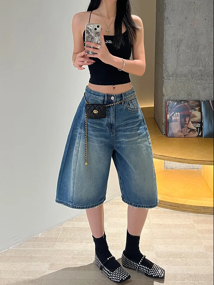 

Женские джинсы с высокой талией и широкими штанинами, свободного кроя, без стрейча, синие, весенняя новинка, модель Golden Jing Lantern Pants, для повседневной носки