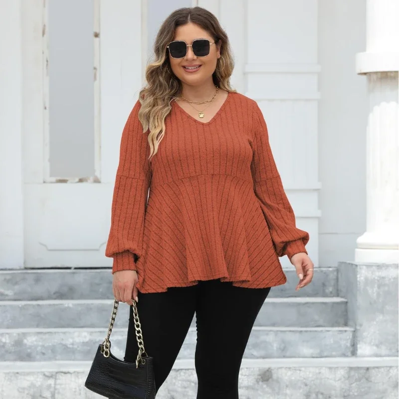 

Plus-Size-Tops-for-Women Dressy V Neck Lantern Long Sleeve Shirts Casual Oversized Tunics Knit Pullover Sweaters feminist shirt