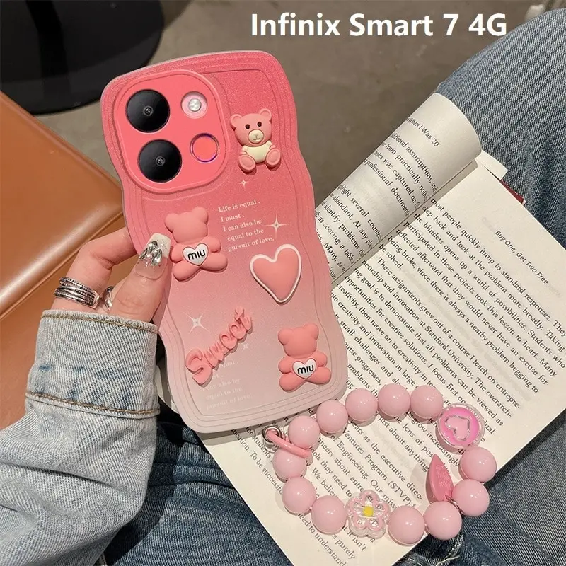Funda de teléfono de dibujos animados de oso bonito de lujo 3D para Infinix Smart 7 Smart 6 HD Smart 6 6 Plus 5 4 Note 12 Note 11 10 8 funda de pulsera