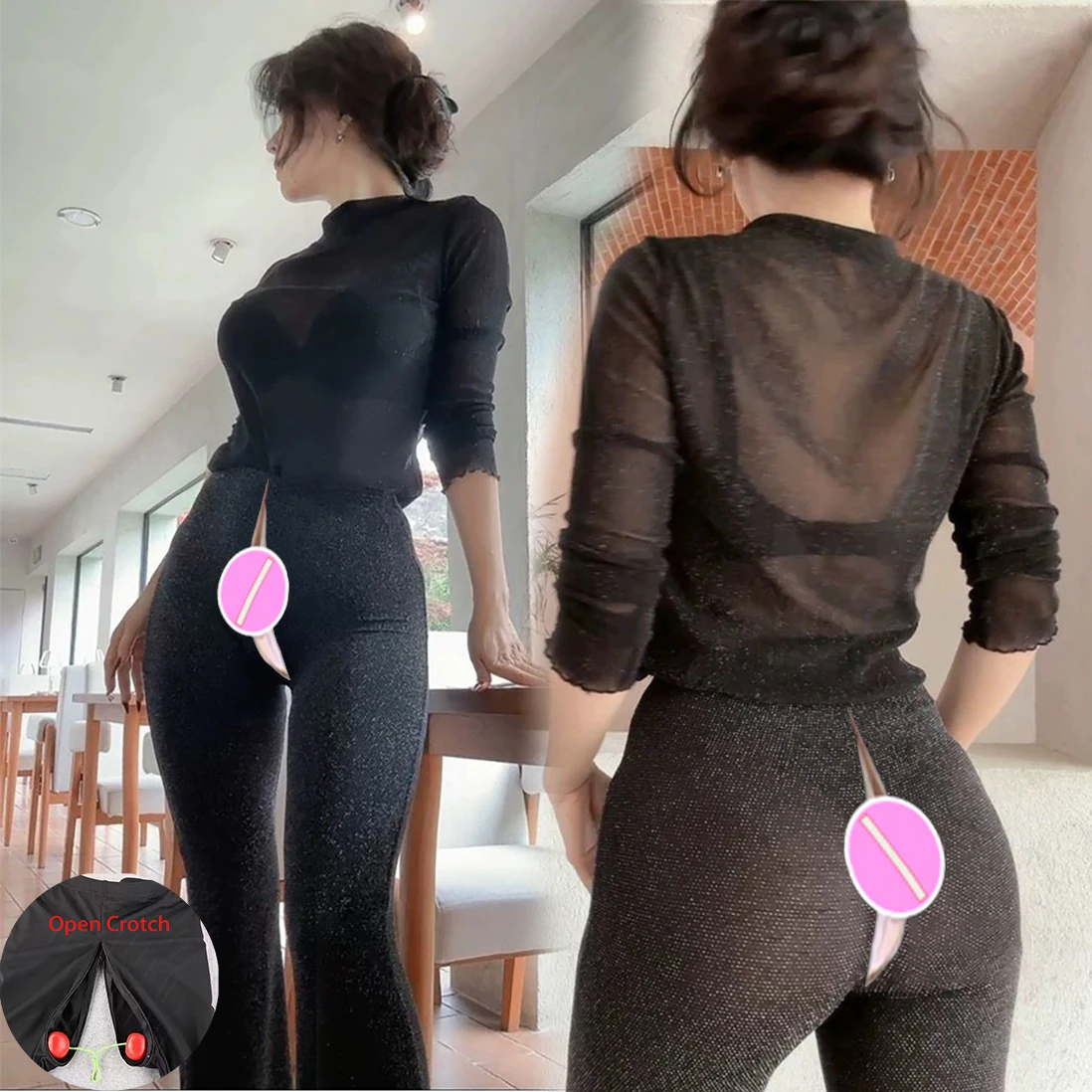 Transparent Crotch Outdoor Sex Pants Women Peach Hip Leggings Yoga Flared Trousers Sexy Sweatpants Exotic Hotpants Bell-bottoms