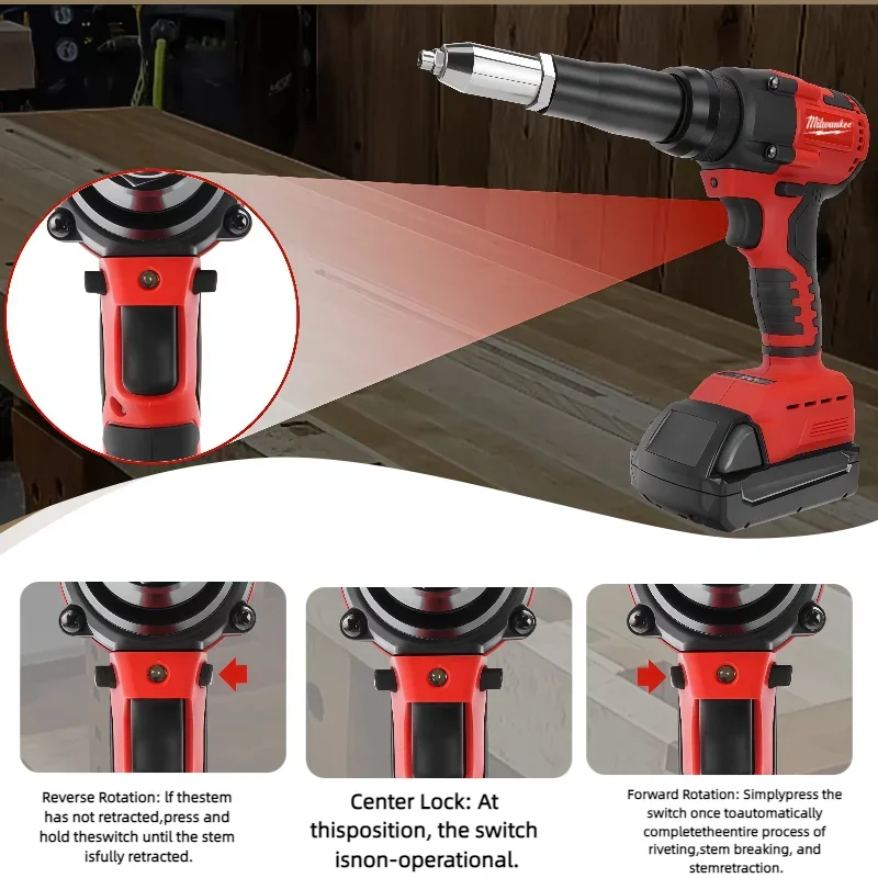 Milwaukee 4.8MM Cordless Brushless Rivet Gun Electric Riveter Gun Automatic Riveter Tool Dengan Lampu LED Alat Tenaga