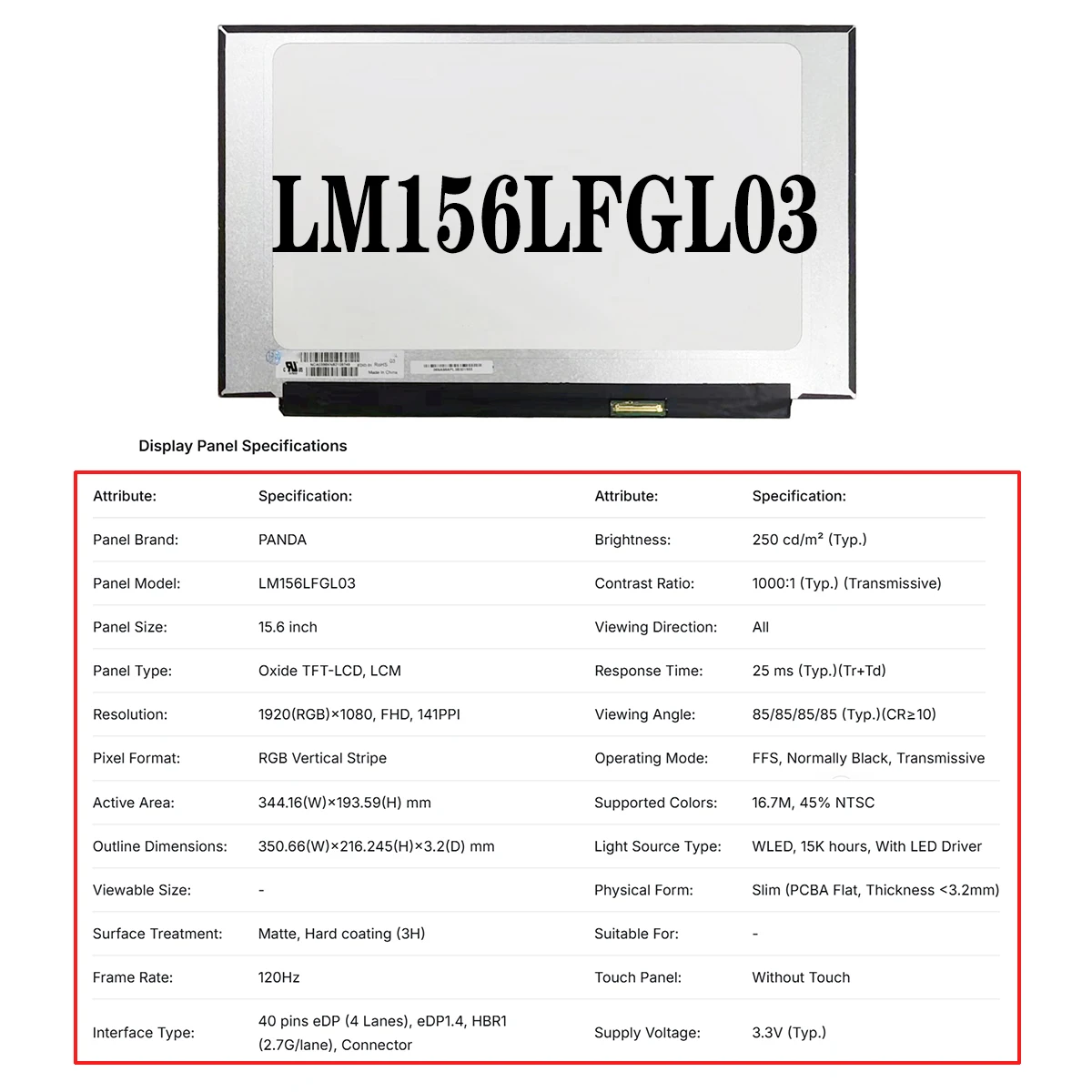 الجملة شاشة كمبيوتر محمول Lcd رفيعة N156HCA EAC Rev. C2 LM156LFGL03 NV156FHM NX3 v8.0 NV156FHM NY8 V8.2 NV156FHM N63 15.6"